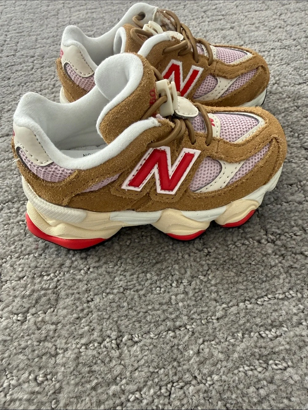 New Balance Kids Tan Suede and Pink Mesh Sneakers with Red N Accents